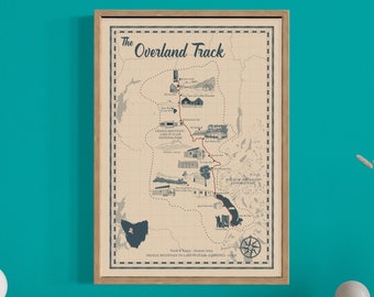 The Overland Track Map, Illustrated Hiking Map, Overland Trail