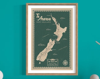 Mapa de senderos de Te Araroa, Mapa de senderismo ilustrado, Cartel de Te Araroa, Mapa de senderos personalizado, Nueva Zelanda, Aotearoa, Arte de la pared de senderismo, Regalo de senderismo