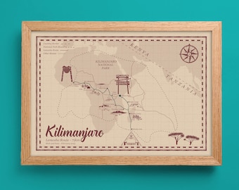 Mapa del Kilimanjaro, Ruta Lemosho, Mapa Personalizado, Tanzania, Parque Nacional del Kilimanjaro, Mapa Ilustrado, Mapa de Viaje, Arte de Senderismo, Regalo de Senderismo