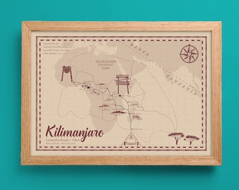 Kilimanjaro Map, Lemosho Route, Personalised Map, Tanzania, Kilimanjaro National Park, Illustrated Map, Travel Map, Hiking Art, Hiking Gift