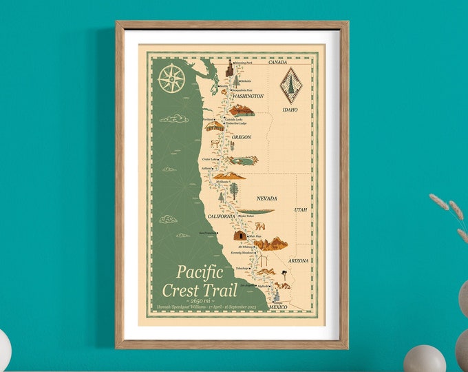 Pacific Crest Trail Map, Illustrated Hiking Map, Pacific Crest Trail Poster, Personalised Map, Hiking Wall Art, Hiking Gift, John Muir Trail