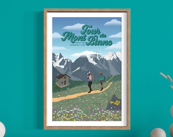 Tour du Mont Blanc Poster, TMB Print, Travel Poster, Hiking Poster, Hiking Print, Mont Blanc Wall Art, Minimalist Art, The Alps, Chamonix