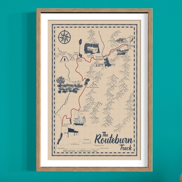 Routeburn Track Map, Illustrated Hiking Map, Fiordland National Park, Personalised Map,  New Zealand, Aotearoa, Hiking Wall Art, Te Anau