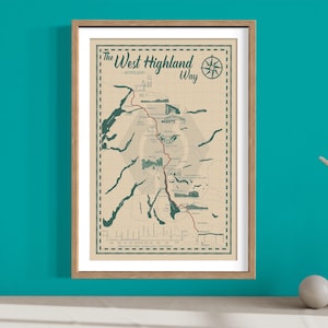 De West Highland Way-kaart, geïllustreerde wandelkaart, Ben Nevis, wandelposter, wandelkaart Schotland