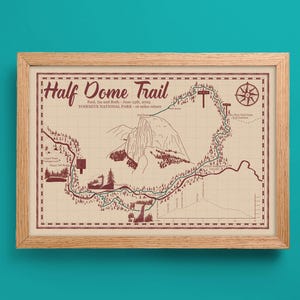Half Dome Trail-kaart, Yosemite National Park, gepersonaliseerde kaart, Mist Trail, John Muir Trail, geïllustreerde kaart, reiskaart, wandelkunst, cadeau