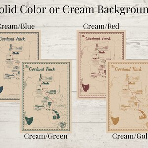 Peut inclure: Quatre versions diff&eacute;rentes d'une carte de l'Overland Track, chacune avec un fond de couleur diff&eacute;rent. La carte est imprim&eacute;e sur du papier de couleur cr&egrave;me avec une bordure brune. La carte montre le trac&eacute; de l'Overland Track, qui est un sentier de randonn&eacute;e longue distance en Tasmanie, en Australie. La carte montre &eacute;galement l'emplacement de divers points d'int&eacute;r&ecirc;t le long du sentier, tels que des campings, des refuges et des belv&eacute;d&egrave;res.