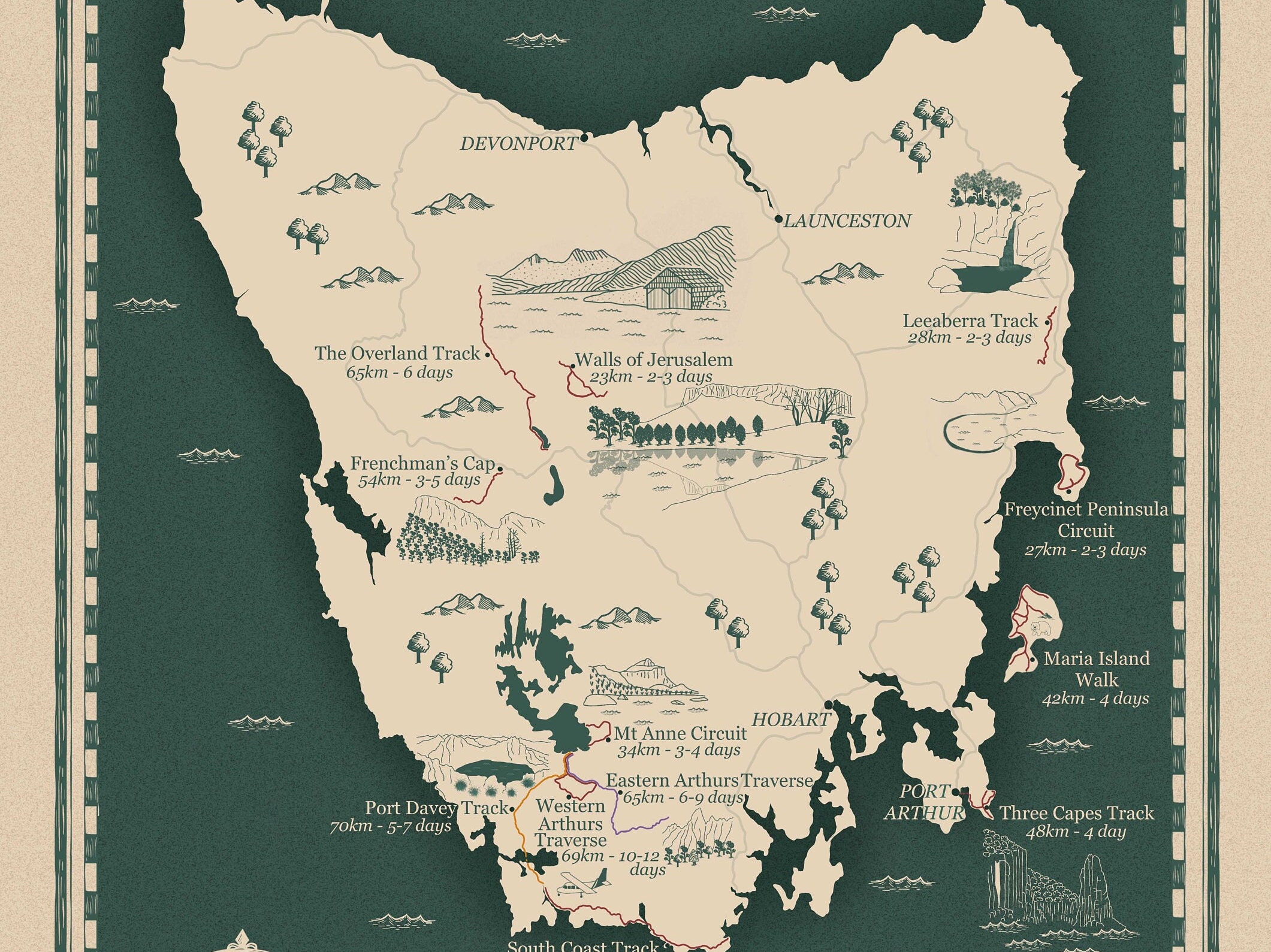 Hikes of Tasmania, Illustrated Hiking Map, Overland Trail, Multi Day Hikes of Tasmania, Tasmania