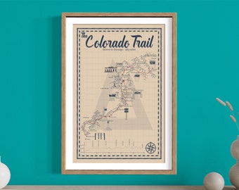 Mapa de senderos de Colorado, mapa ilustrado de senderismo, mapa de circuitos universitarios, póster de senderismo, montañas de San Juan, de Denver a Durango