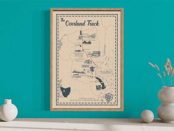 The Overland Track Map, Illustrated Hiking Map, Overland Trail Poster, Personalised Trail Map,  Tasmania, Hiking Wall Art, Hiking Gift