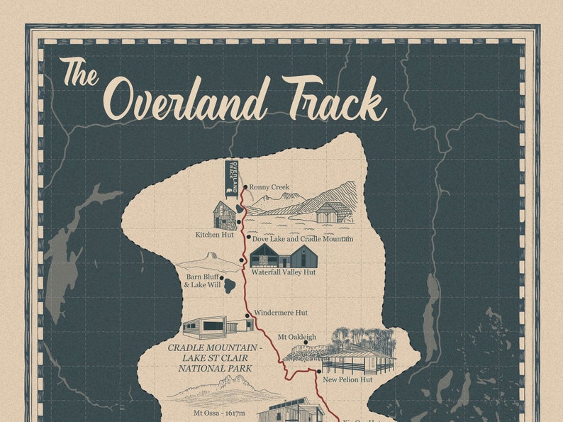 The Overland Track Map Illustrated Hiking Map Overland Trail Etsy