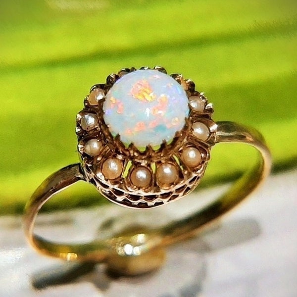 c.1890 Antique Gold Australian Opal Seed Pearls Flower Halo Ring, Genuine Gemstones, Marked 333 / 8k Gold Victorian Collectable Jewelry