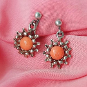 1930s Solid White Gold Natural Pink Salmon Coral Star Flower Earrings, Marked 9 CT Original Old Style Clasps