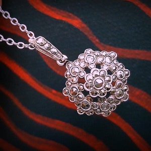 ca 1910 Antique Edwardian Silver Rose Cut Marcasite Flower Pendant on Vintage Chain