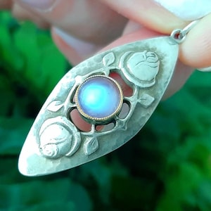 c.1900 Jugendstil Natural Blue Shiller Moonstone Marked 800 Silver Pierced Pendant Antique Collectable Jewelry Pforzheim