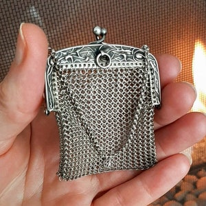 c.1900 Antiguo francés de malla de plata cardo moneda monedero colgante Chatellain colgante ALFRED LECORAZET Maker Mark, excelente estado