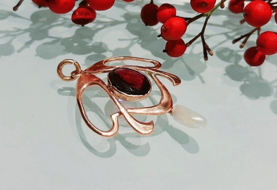 1900s Art Nouveau 9c Gold Natural Garnet Gemstone… - image 7