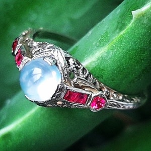 May include: A silver ring with a large, round, light blue gemstone surrounded by smaller, red gemstones. The ring is set on a green leaf.