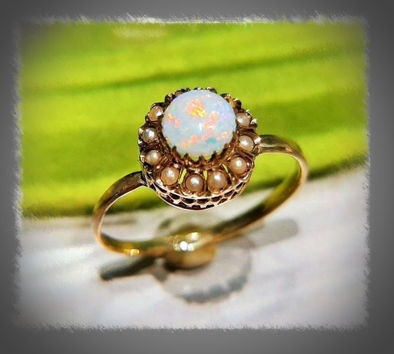 c.1890 Antique Gold Australian Opal Seed Pearls F… - image 1