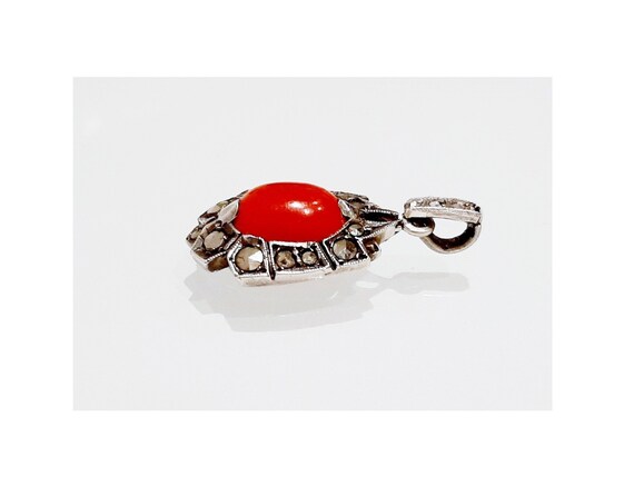 1920s Genuine Salmon Coral Marcasite 935 Silver P… - image 9