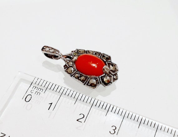 1920s Genuine Salmon Coral Marcasite 935 Silver P… - image 3