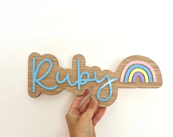Personalised layered wooden door name with rainbow acrylic | Name plaque | playroom | Scandi decor  | Bespoke | Nursery | Bedroom | kids |