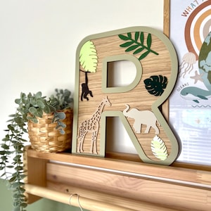 Safari Oak Initial Letter | Kids Nursery Decor | Jungle Room | New baby gifts | Giraffe | Elephant | Monkey |