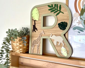 Safari Oak Initial Letter | Kids Nursery Decor | Jungle Room | New baby gifts | Giraffe | Elephant | Monkey |