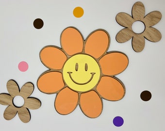 Hippy Style smiley flower | Acrylic Wood Daisy | Retro | Retro Playroom | Girls Nursery | Wildflower | Happy Face | Positivity |