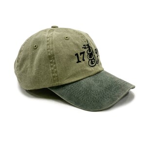 May include: A green and olive green baseball cap with a black embroidered snake and the text "1792".