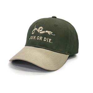 May include: A green and beige baseball cap with a snake and the text "JOIN. OR DIE." embroidered on the front.