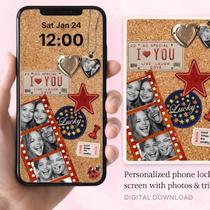 Puede incluir: Pantalla de smartphone que muestra una pantalla de bloqueo personalizada con fotos y adornos. El diseño incluye un fondo de corcho, medallones en forma de corazón, una estrella roja y el texto "I ❤️ YOU". La hora mostrada es 12:00 el sábado 24 de enero.