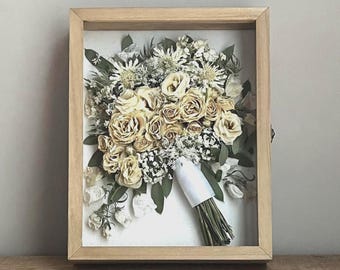 3D Wedding Bouquet Preservation - Carbonised Wooden Shadow Box Frame for Fresh Bridal Flowers, Rustic Keepsake Art and Floral Memory Box