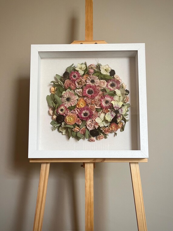 3D Wedding Bouquet Preservation - White Woodgrain Shadow Box Frame for Fresh Bridal Flowers, Rustic Keepsake & Custom Floral Art