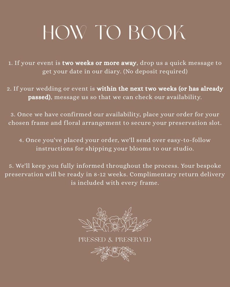 May include: A brown background with white text that reads "HOW TO BOOK" at the top. Below, numbered steps explain the booking process for floral preservation, including messaging, ordering, and shipping instructions. The bottom features the text "PRESSED & PRESERVED".