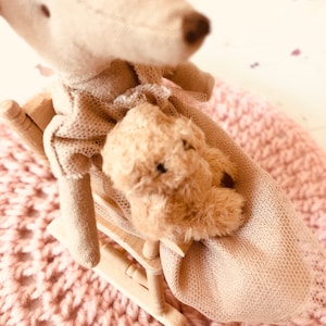 May include: A beige plush mouse wearing a pink tulle dress sits in a wooden rocking chair. A smaller beige plush teddy bear sits in the mouse's lap.