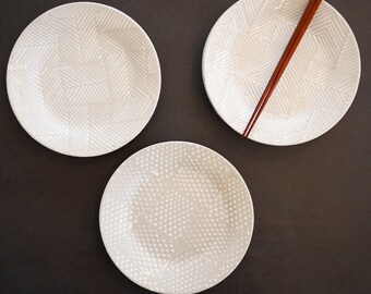 21cm / Japanese Ceramic Plate by Hasami ware / Japanese Traditional Pottery / Handmade Plate with Herringbone, Dapples patterns