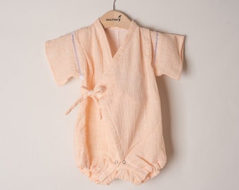 Handmade Light Peach Jinbei / Soft Rompers for Babies with Japanese style & fabric / Kimono Rompers