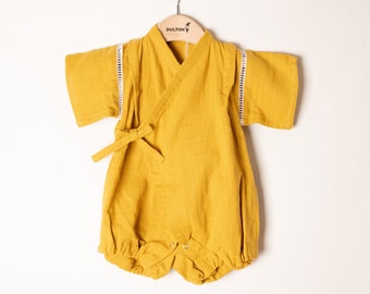 Handmade Dark Yellow Jinbei Soft Rompers for Babies with Japanese style & fabric / Kimono Rompers