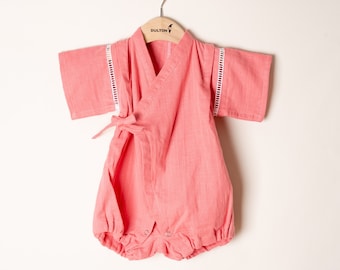 Handmade Pink Jinbei Soft Rompers for Babies with Japanese style & fabric / Kimono Rompers