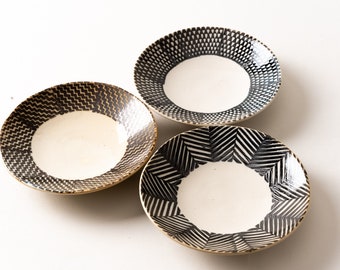 18cm / Japanese Ceramic Plate by Hasami Ware / Japanese Traditional Pottery / Handmade Plate with Herringbone, Dapples, Shark Skin patterns