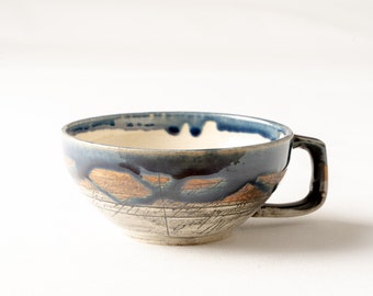 Handmade Navy Soup Bowl by Mino Ware / Japanese Ceramic Cup / Unique Soup Bowl