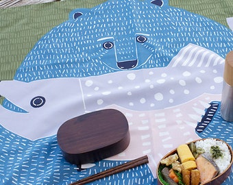 100cm Bear Furoshiki / Japanese Traditional Cloth / Bear & Salmon / Polyester with Water Repellent Fabric by Musubi