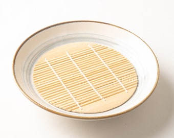 Soba Noodle Ceramic Bowl with Bamboo Strainer / Japanese Unique Plate