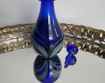 Art Glass, perfume bottle, Claude Duperron, pulled feather design, vanity bottle, cobalt blue, blown glass, bottle with stopper, signed