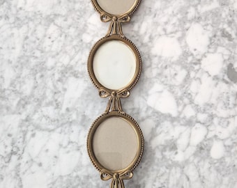 Vintage Brass Triple oval Photo Frames, Gold Metal Bow Ribbon and Tassel, 3 Oval Tiered Picture Frames, The Bombay Company