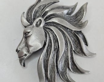 Broche Vintage Lion Signée SFJ En Métal Argenté - Bijou Fantaisie Rétro - Occasion