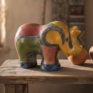 Raku Pottery Sgraffito Colored Glaze Elephant Figurine, South Africa, tribal decor, Raku ceramic sculpture, trunk up, Colourful Elephant