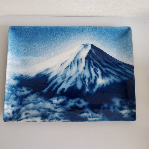 Vintage Enameled Platter, rectangular plate, Mount Fuji, snowy mountain, no metal Cloisonné, Tutanka Japan, copper plate, decorative platter