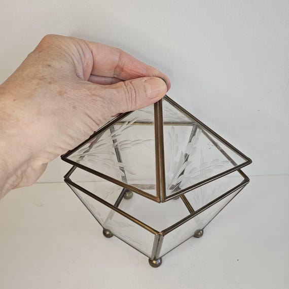 Vtg Brass and etched Glass display case, glass Curio, Miniature display, jewelry display, Pentagon Curio Box, Terrarium Floral jewelry case
