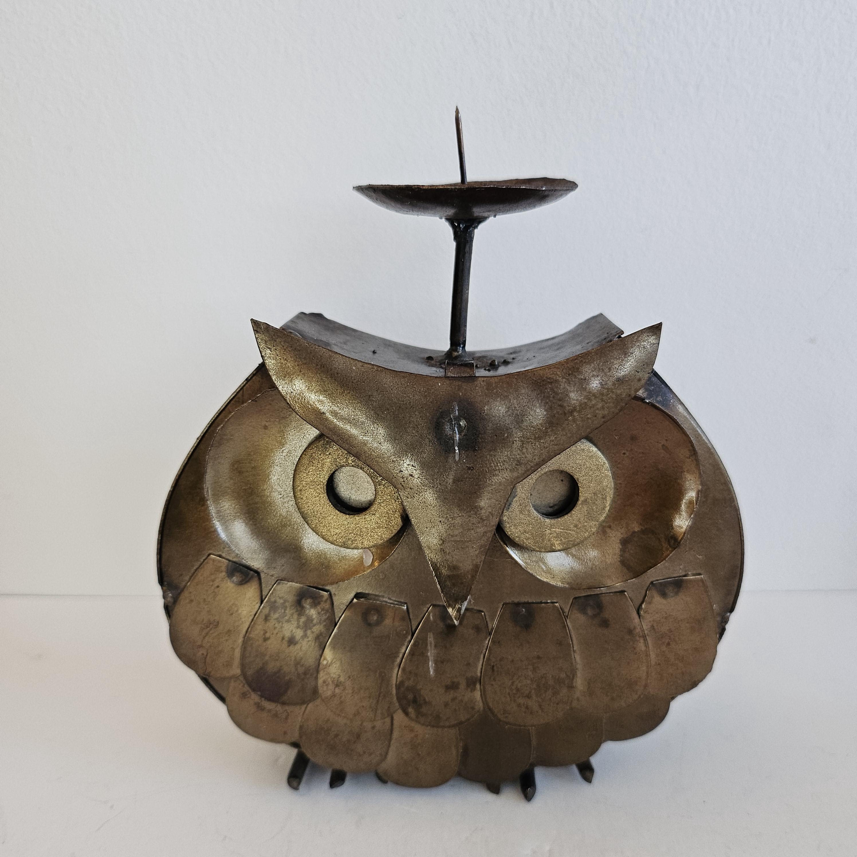 Vintage Modernist Owl sculpture, candle Holder, Owl Figurine, Gold figurine, Metal Owl Sculpture, go